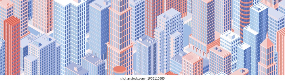 Isometric city centre, cityscape, city skyline. Vector illustration in flat design.
