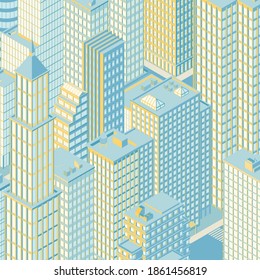 Centro urbano isométrico. Ilustración vectorial en diseño plano.