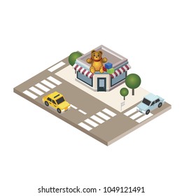 Isometric city. Childish gifts and toys shop. Geo tracking. City life. Map.Isometric city. Food delivering.