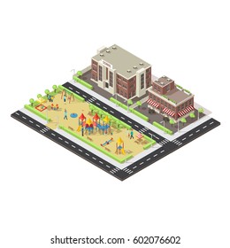 Isometric city children playground template with people and carousels near school and cafe buildings vector illustration