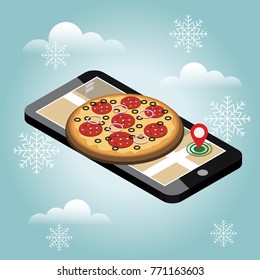 Isometric City. Christmas And New Year Mobile Pizza Food Delivery Search. Geo Tracking.  Isometric Food Delivering City Map In Winter. 