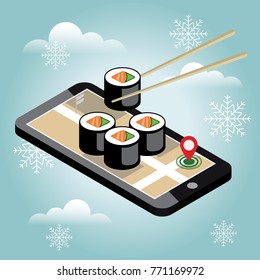 Isometric city. Christmas and New Year food delivering. Sushi. Mobile searching. Geo tracking. Map. Isometric city in winter. Food delivering.