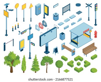 Isometric city color icon set with green bushes and trees street lights and advertising signs billboards vector illustration