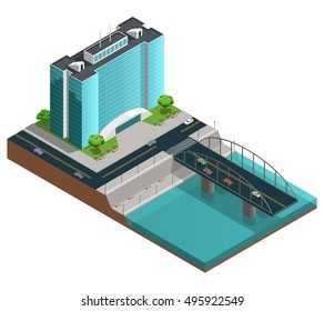 Isometric city composition with many-storeyed modern building on bank of canal on white background vector illustration