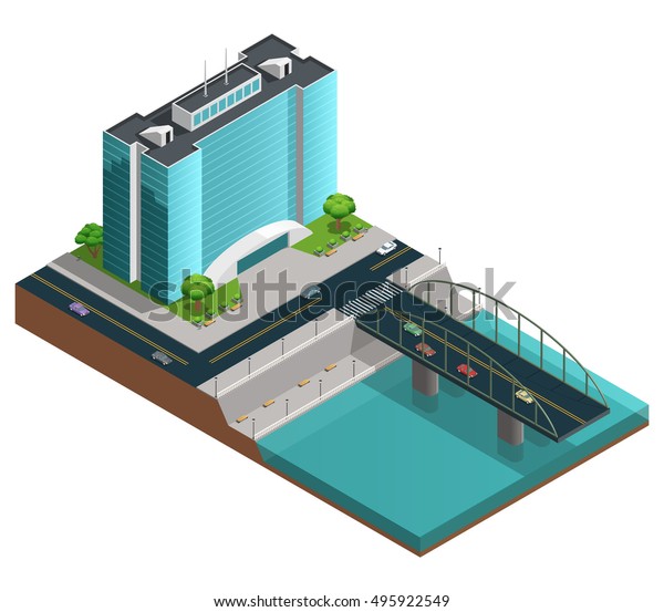 Isometric\
city composition with many-storeyed modern building on bank of\
canal on white background vector\
illustration