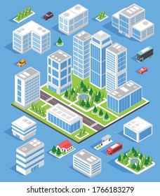 Isometric city composition with with set of town block with isolated images of buildings and transport vector illustration