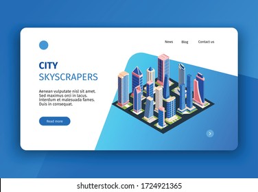 Isometric city concept banner for website landing page with clickable links buttons and tall buildings images vector illustration