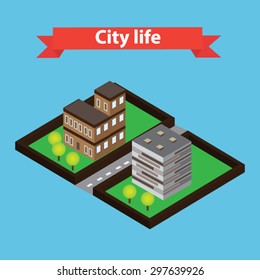 isometric city concept city life vector on blue background.
