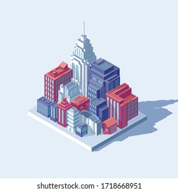 Isometric city concept. Smart buildings in modern town. Urban planning vector illustration. Infrastructure of buildings. Isometric smart city