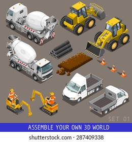 Isometric City Concrete construct transport Flat 3d isometric Cement Excavator crane grader cement mixer scraper truck loader tow wrecker truck. web Isometric Construct infographic collection Vector svg