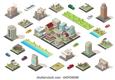 Isometric city constructor elements set with buildings cars garden camping cottages children playground isolated vector illustration