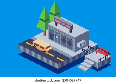 Isometric City Convenient Store with Relax Bench, Pixel Art Style Illustration