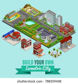 Isometric city creation concept with hospital supermarket school government cafe church fire police train stations park fountains lake vector illustration 