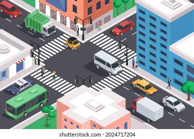Isometric city crossroad with cars, road intersection traffic jam. Urban downtown street with transport and people vector illustration. Public and private transport in residential area