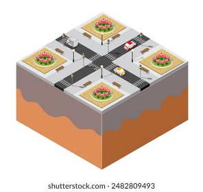 Isometric city crossroad illustration featuring traffic lights, cars, flower beds, benches, and street lights