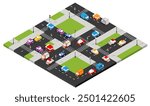 Isometric city crossroads illustration with cars and trucks waiting at a traffic lights