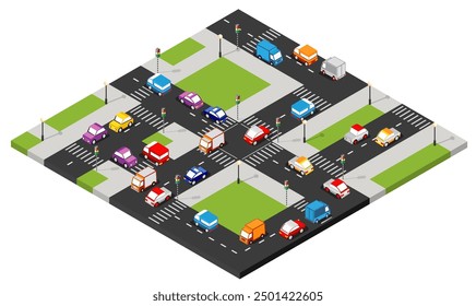 Isometric city crossroads illustration with cars and trucks waiting at a traffic lights