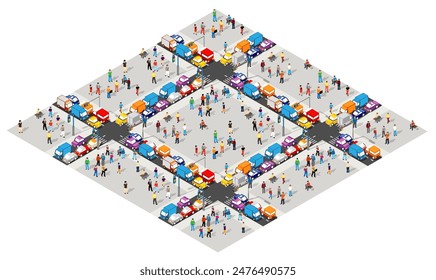 Isometric city crossroads illustration with many citizens and cars representing modern urban life