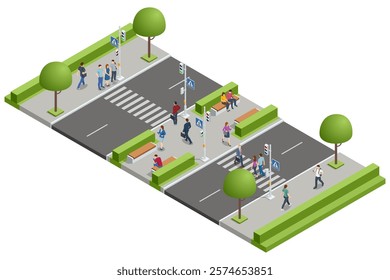 An isometric city design of multiple pedestrian crossings with vehicles stopping at signals. Pedestrians are walking, waiting, or crossing safely.