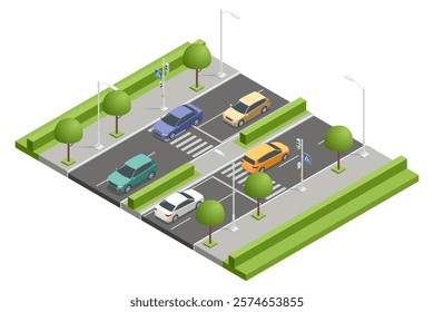 An isometric city design of multiple pedestrian crossings with vehicles stopping at signals. Pedestrians are walking, waiting, or crossing safely. Traffic regulation on pedestrian crossing.