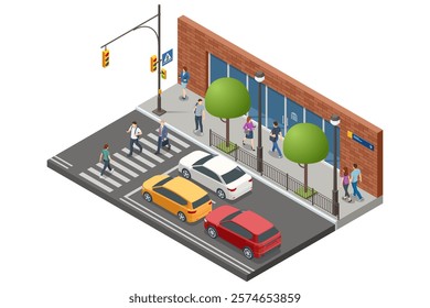 An isometric city design of pedestrian crossing with vehicles stopping at signal. Pedestrians are walking, waiting, or crossing safely. Traffic regulation on pedestrian crossing.