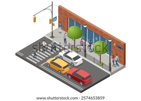 An isometric city design of pedestrian crossing with vehicles stopping at signal. Pedestrians are walking, waiting, or crossing safely. Traffic regulation on pedestrian crossing.