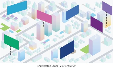 Isometric City Digital Billboard, Concept for online community and social media marketing