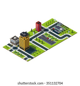 Isometric city district. Bank building icon. Office building, mall building and central parking illustration. 