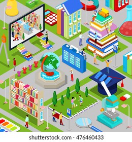 Isometric City of Education with Books Architecture and People. Vector illustration