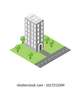 Isometric city element. Vector isometric building with trees and road.