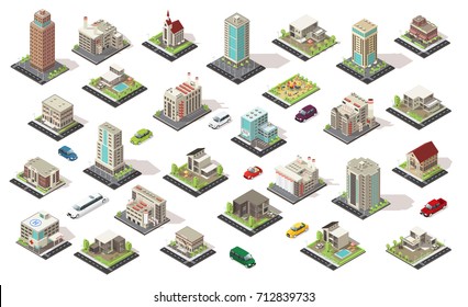 Isometric city elements collection with living and municipal buildings suburban houses children playground transport isolated vector illustration