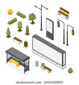 Isometric city elements. Isolated traffic light, street lights, public transport stop and billboards. Part design bushes and tree, flawless vector set