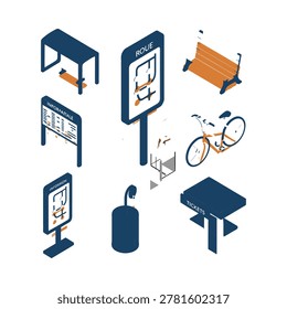 isometric city elements on white background public transport illustration