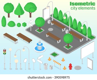 Isometric city elements set. Trees, bushes, benches, lamps, signboards, billboards, fire hydrant, fountain, traffic light, manhole cover, cones, trash cans. Vector illustration