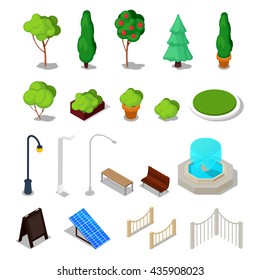 Isometric City Facilities. Different Urban Stuff with Trees, Bench, Light and Fountain. Vector illustration