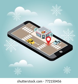 Isometric city. Fas food restaraunt. Snow winter day. Waiting for a Christmas and New Year. Food delivering. Mobile searching. Geo tracking. Map