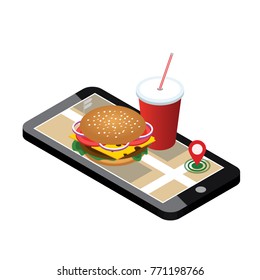 Isometric City. Fast Food Delivering. Fast Food Restaurant. Mobile Searching. Geo Tracking. Map.Isometric City. Food Delivering.