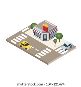Isometric city. Fast food restaraunt, french fries. Food delivering. City life. Geo tracking. Map