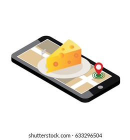 Isometric city. Food delivering. Cheese shop. Mobile searching. Geo tracking. Map.Isometric city. Food delivering.