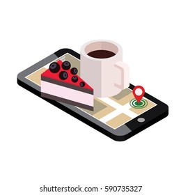 Isometric city. Food delivering. Mobile searching. Coffee and cake. Geo tracking. Map.Isometric city. Food delivering. Mobile searching. Geo tracking. Map.
