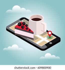 Isometric city. Food delivering. Mobile searching. Coffee and cake. Geo tracking. Map.Isometric city. Food delivering.