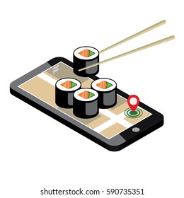 Isometric city. Food delivering. Sushi. Mobile searching. Geo tracking. Map.Isometric city. Food delivering. Mobile searching. Geo tracking. Map.
