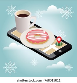 Isometric city. Food delivering in winter. Mobile searching. Coffee and donut. Geo tracking. Map.Isometric city. Food delivering.