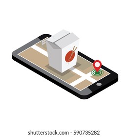 Isometric city. Food delivering. Wok. Mobile searching. Geo tracking. Map.Isometric city. Food delivering. Mobile searching. Geo tracking. Map.
