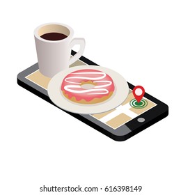 Isometric city. Food delivery. Mobile searching. Coffee and donut. Geo tracking. Map. Isometric city. 