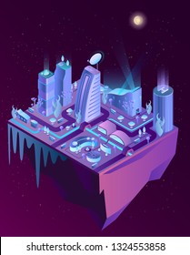 Isometric city ​​of the future. Neon, purple, glowing and modern style for fantastic projects. For game art and business. Concept of a fantastic city.