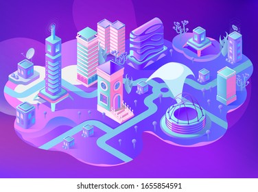 Isometric city ​​of the future. Neon, purple, glowing and modern style for fantastic projects. For game art and business. Concept of a fantastic city.