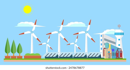 Isometric of city, green energy, electricity, electrical power, wind turbines produced electricity, photovoltaic panels, Solar panels, tree, blue sky, clouds, sunny, clean energy 