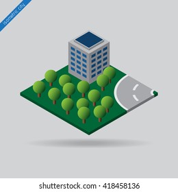 isometric city - green space with trees, building and road with the dotted line