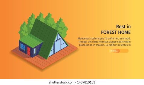 Isometric city horizontal banner with editable text slider button and image of outdoor house for rest vector illustration